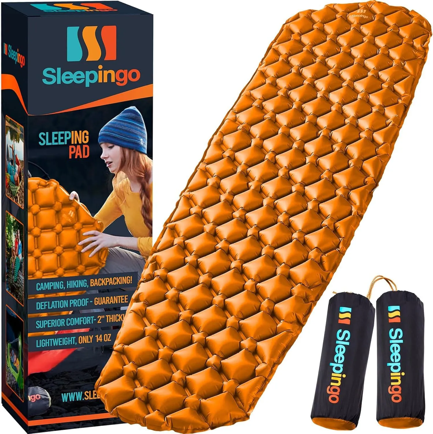 Inflatable Mat for Camping - Pack of 2 - Ultralight Sleeping Pad for Camping and Backpacking - Compact Air Mattress - Camping Mat with Tear-Resistant Ripstop Nylon - 73.5" x 21.5" - Orange
