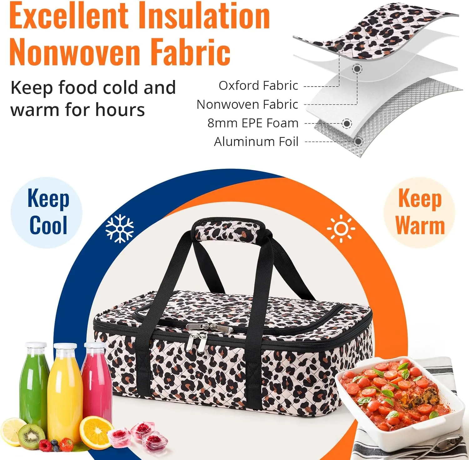Insulated Casserole Carrier - Portable Casserole Carrier for Hot or Cold Food, Lasagna Holder for Parties,Picnic,Cookouts,Traveling - Fits 9" x 13" Baking Dish (Leopard Print)
