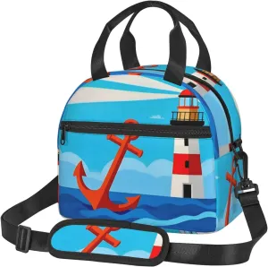 Insulated Lunch Bag for Men Women, Reusable Lunch Box with Adjustable Shoulder Strap, Leakproof Thermal Meal Cooler Bag Handbags for Office Work Picnic, Ocean Sea Lighthouse Anchor