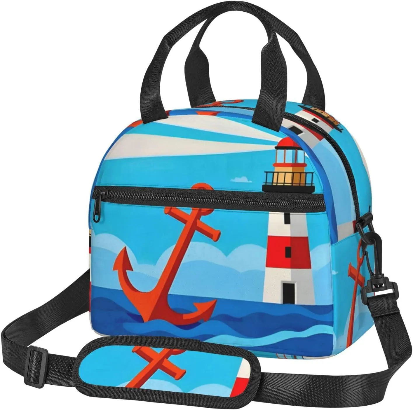 Insulated Lunch Bag for Men Women, Reusable Lunch Box with Adjustable Shoulder Strap, Leakproof Thermal Meal Cooler Bag Handbags for Office Work Picnic, Ocean Sea Lighthouse Anchor