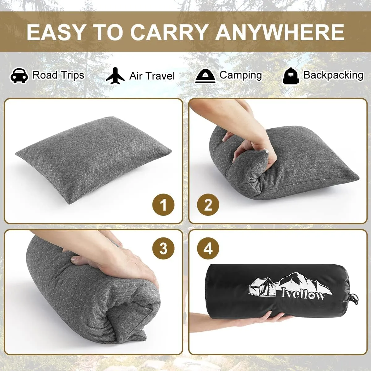 Ivellow Travel Pillow Compressible Camping Pillow for Sleeping Shredded Memory Foam Pillow Compact Firm Supportive Pillow for Adults Kids Outdoor Backpacking Hiking Essential Gear