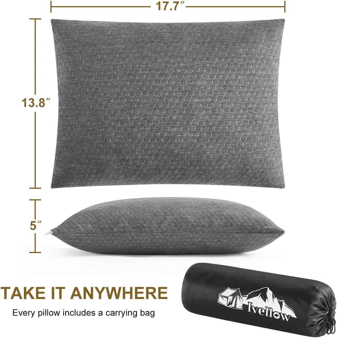 Ivellow Travel Pillow Compressible Camping Pillow for Sleeping Shredded Memory Foam Pillow Compact Firm Supportive Pillow for Adults Kids Outdoor Backpacking Hiking Essential Gear