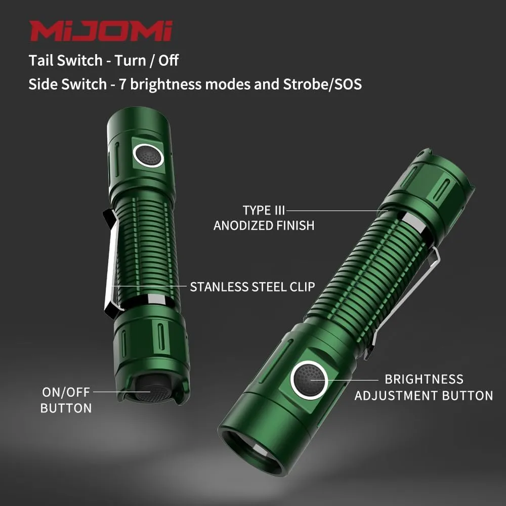 J81G Tactical Rechargeable Flashlight with Holster, 1300 Lumen Super Bright IP68 Waterproof Dual Button Flashlight for Tactical Games Outdoor