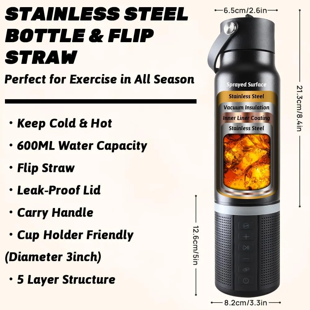 JBM Insulated Water Bottle with Bluetooth Speaker, Leak Proof Straw Lid, RGB LED Lights Stainless Steel Water Bottle for Sports (Black)