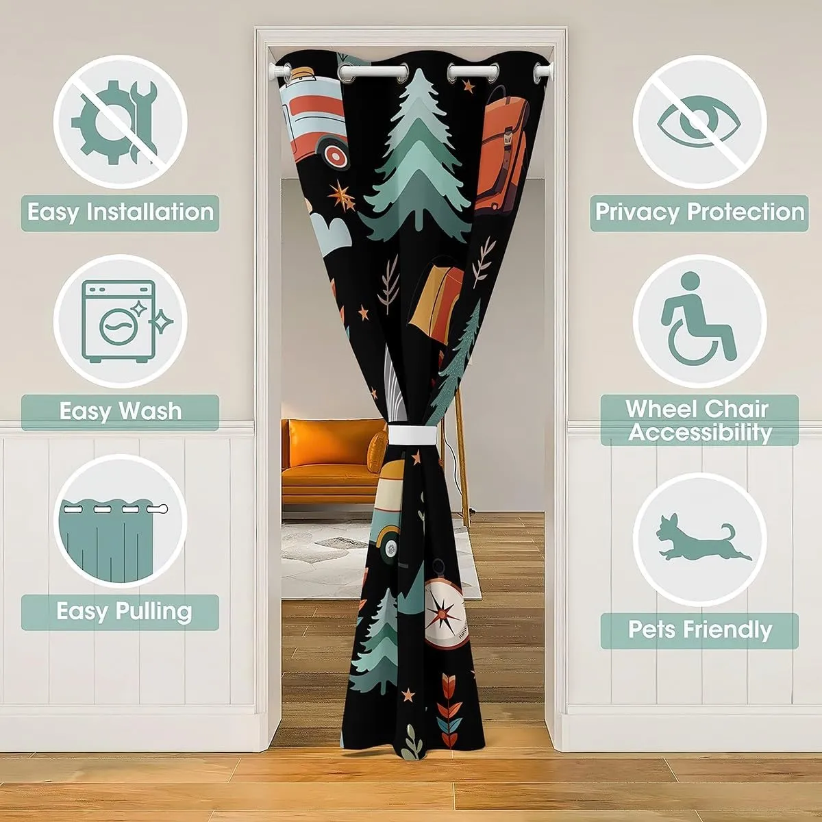 jejeloiu Happy Camping Door Curtain for Doorway Privacy 52x84 Inch 1 Panel Outdoor Travel Closet Cover Travel Trailers Themed Room Divider Curtain Travel Bag Tent Print Bedroom Living Room Camping