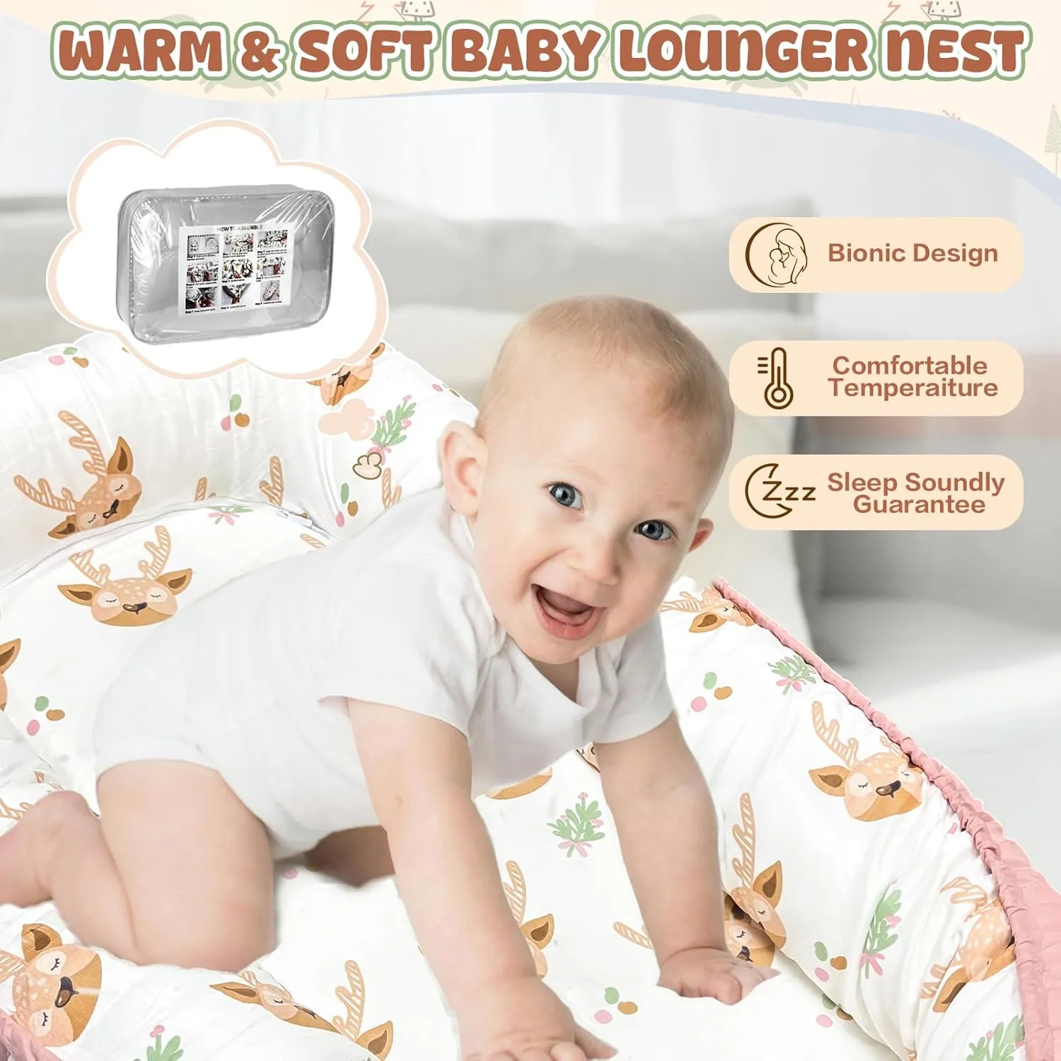 JIFTOK Baby Nests Lounger for Newborn, Snuggle Sleeping Bassinet for 0-24M, Breathable Portable Co Sleeping Bed, Baby Essentials Adjustable Infant Soft Cotton Loungers for Home & Travel -Sika Deer