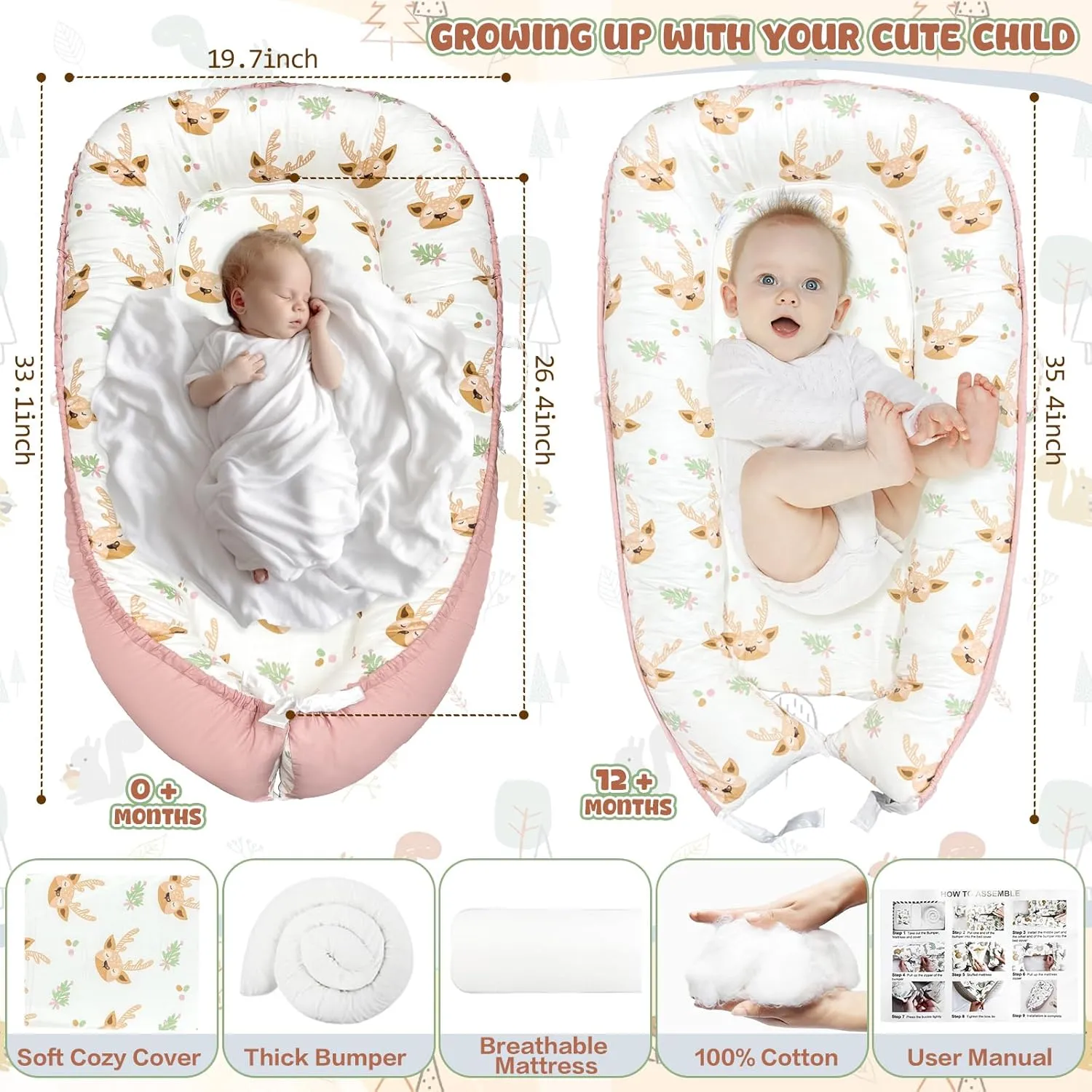 JIFTOK Baby Nests Lounger for Newborn, Snuggle Sleeping Bassinet for 0-24M, Breathable Portable Co Sleeping Bed, Baby Essentials Adjustable Infant Soft Cotton Loungers for Home & Travel -Sika Deer