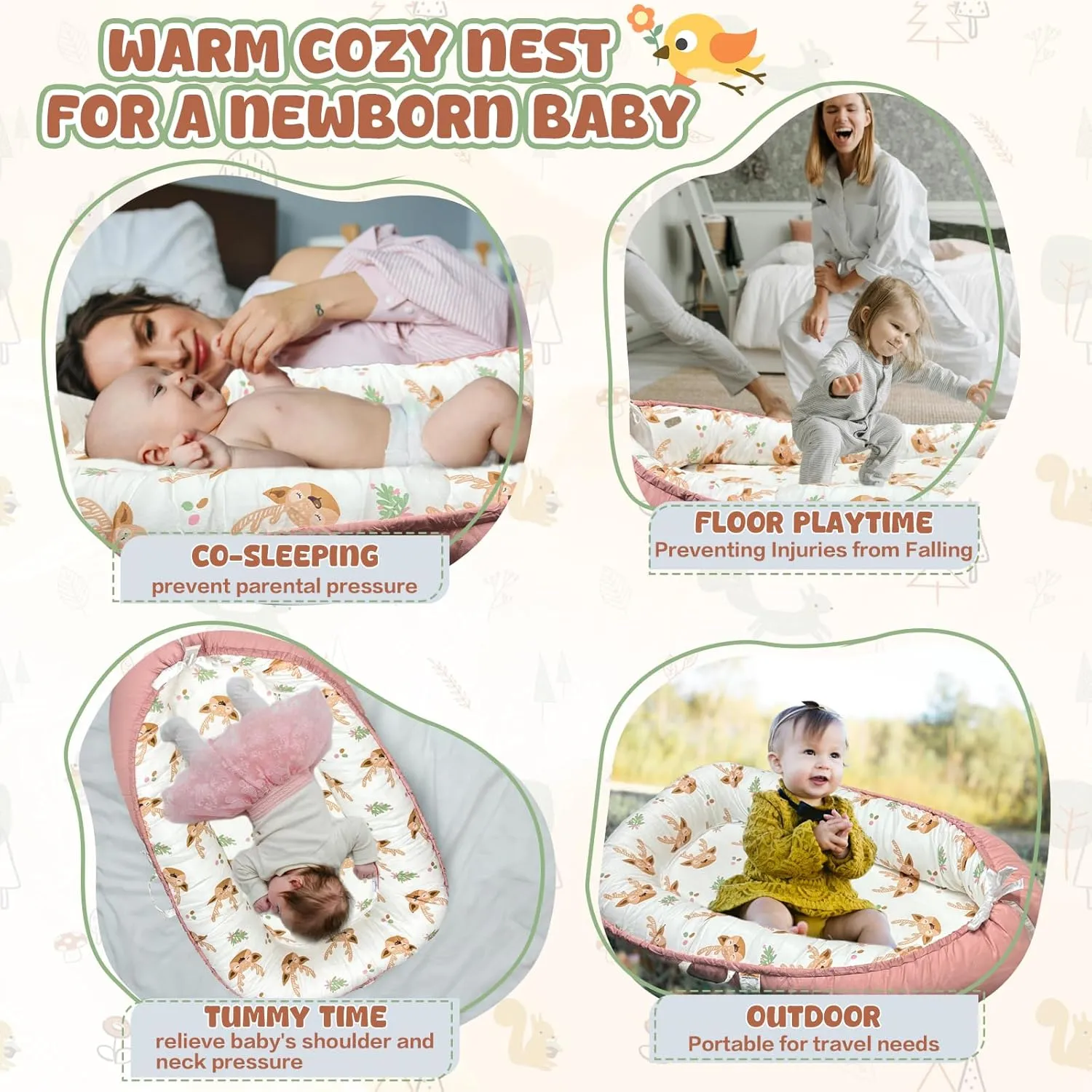 JIFTOK Baby Nests Lounger for Newborn, Snuggle Sleeping Bassinet for 0-24M, Breathable Portable Co Sleeping Bed, Baby Essentials Adjustable Infant Soft Cotton Loungers for Home & Travel -Sika Deer