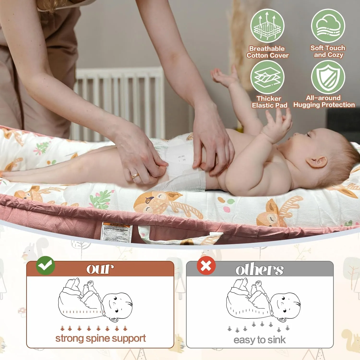 JIFTOK Baby Nests Lounger for Newborn, Snuggle Sleeping Bassinet for 0-24M, Breathable Portable Co Sleeping Bed, Baby Essentials Adjustable Infant Soft Cotton Loungers for Home & Travel -Sika Deer