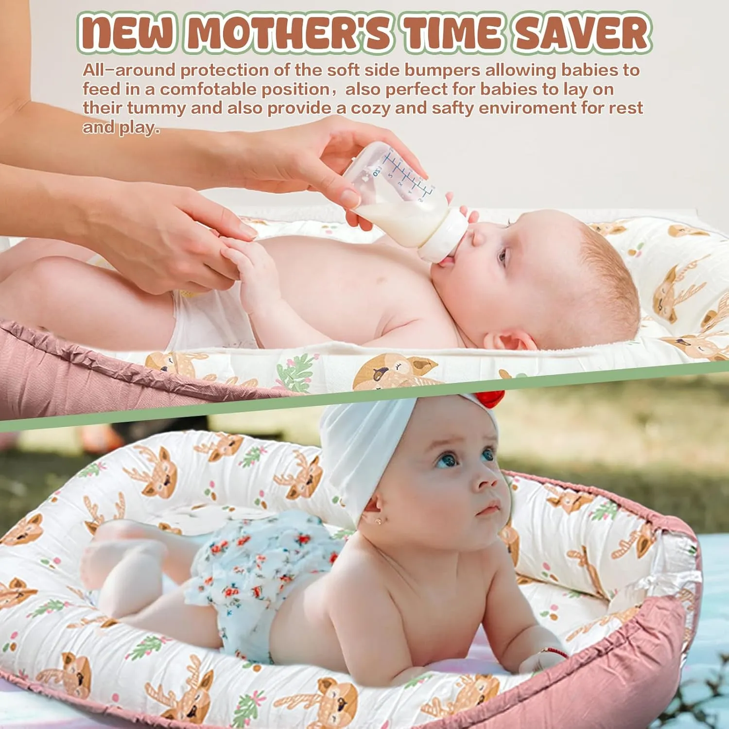JIFTOK Baby Nests Lounger for Newborn, Snuggle Sleeping Bassinet for 0-24M, Breathable Portable Co Sleeping Bed, Baby Essentials Adjustable Infant Soft Cotton Loungers for Home & Travel -Sika Deer