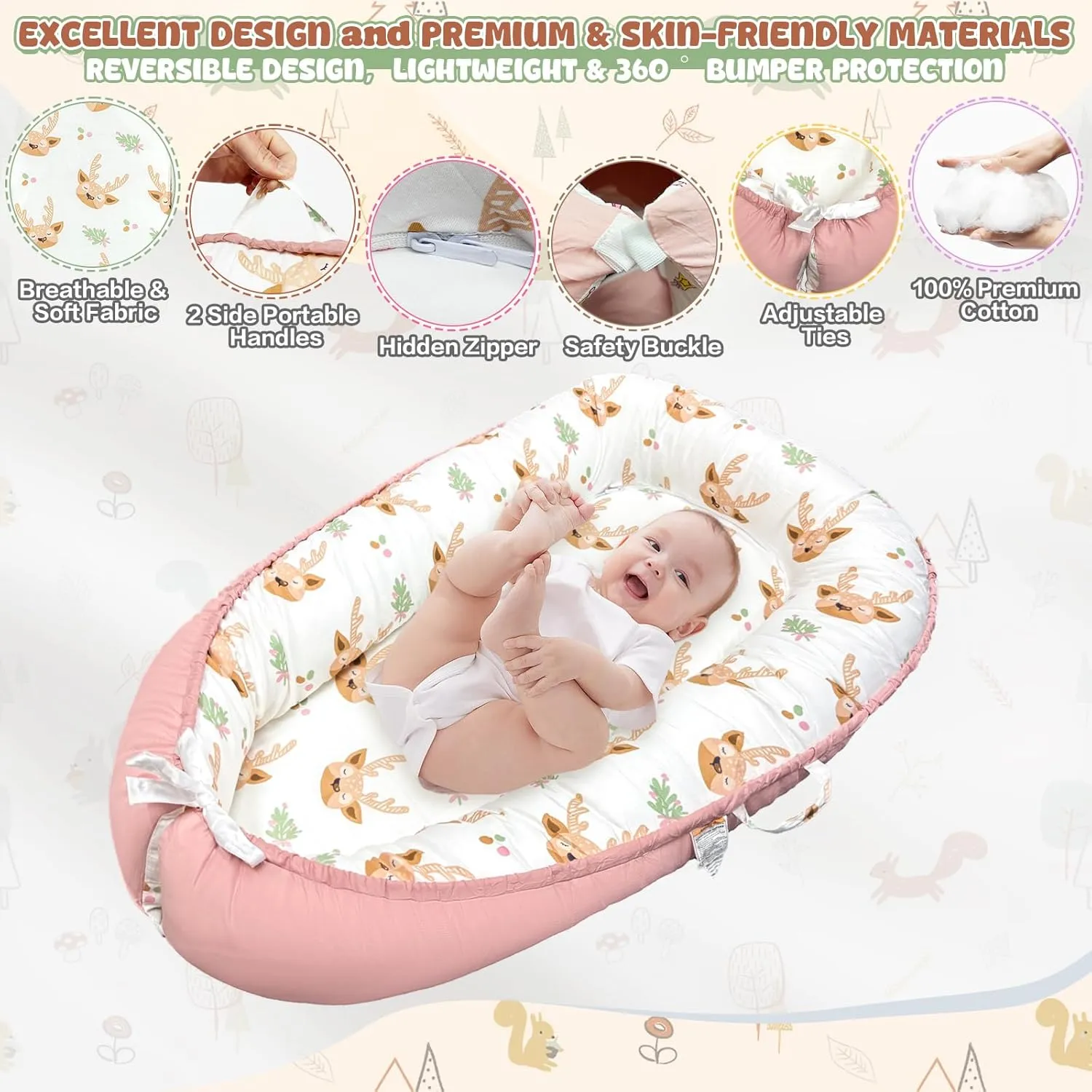 JIFTOK Baby Nests Lounger for Newborn, Snuggle Sleeping Bassinet for 0-24M, Breathable Portable Co Sleeping Bed, Baby Essentials Adjustable Infant Soft Cotton Loungers for Home & Travel -Sika Deer