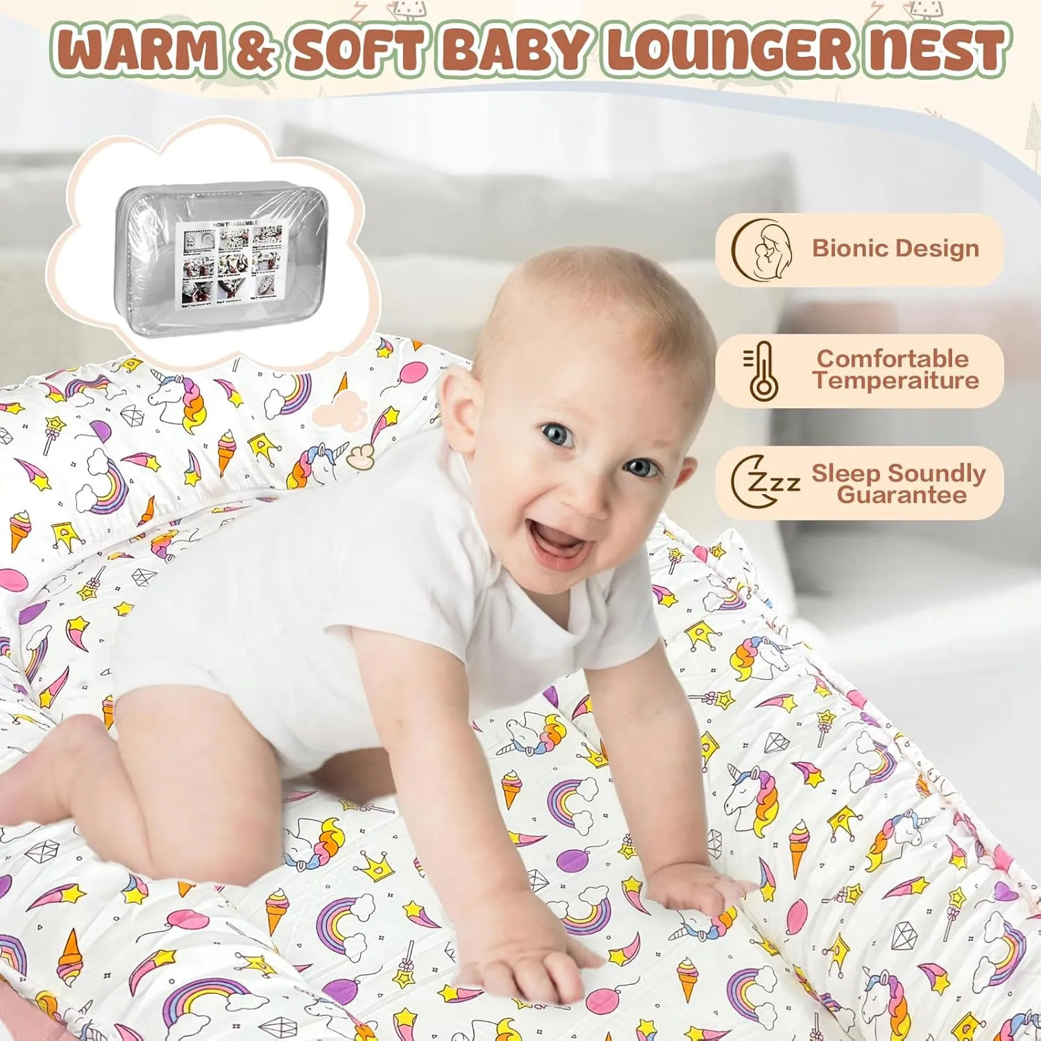 JIFTOK Baby Nests Lounger for Newborn, Snuggle Sleeping Bassinet for 0-24M, Breathable Portable Co Sleeping Bed, Baby Essentials Adjustable Infant Soft Cotton Loungers for Home & Travel -Unicorn