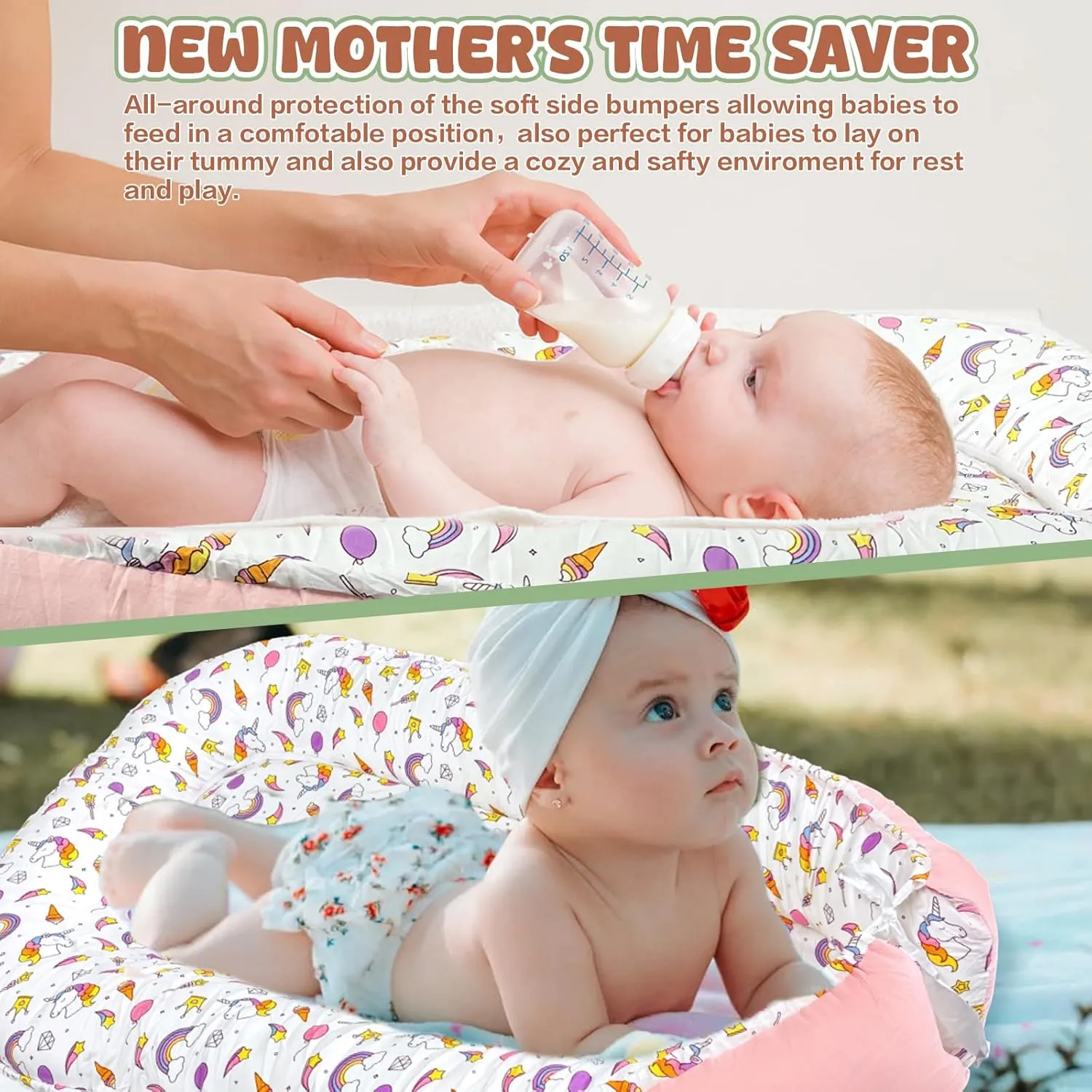 JIFTOK Baby Nests Lounger for Newborn, Snuggle Sleeping Bassinet for 0-24M, Breathable Portable Co Sleeping Bed, Baby Essentials Adjustable Infant Soft Cotton Loungers for Home & Travel -Unicorn
