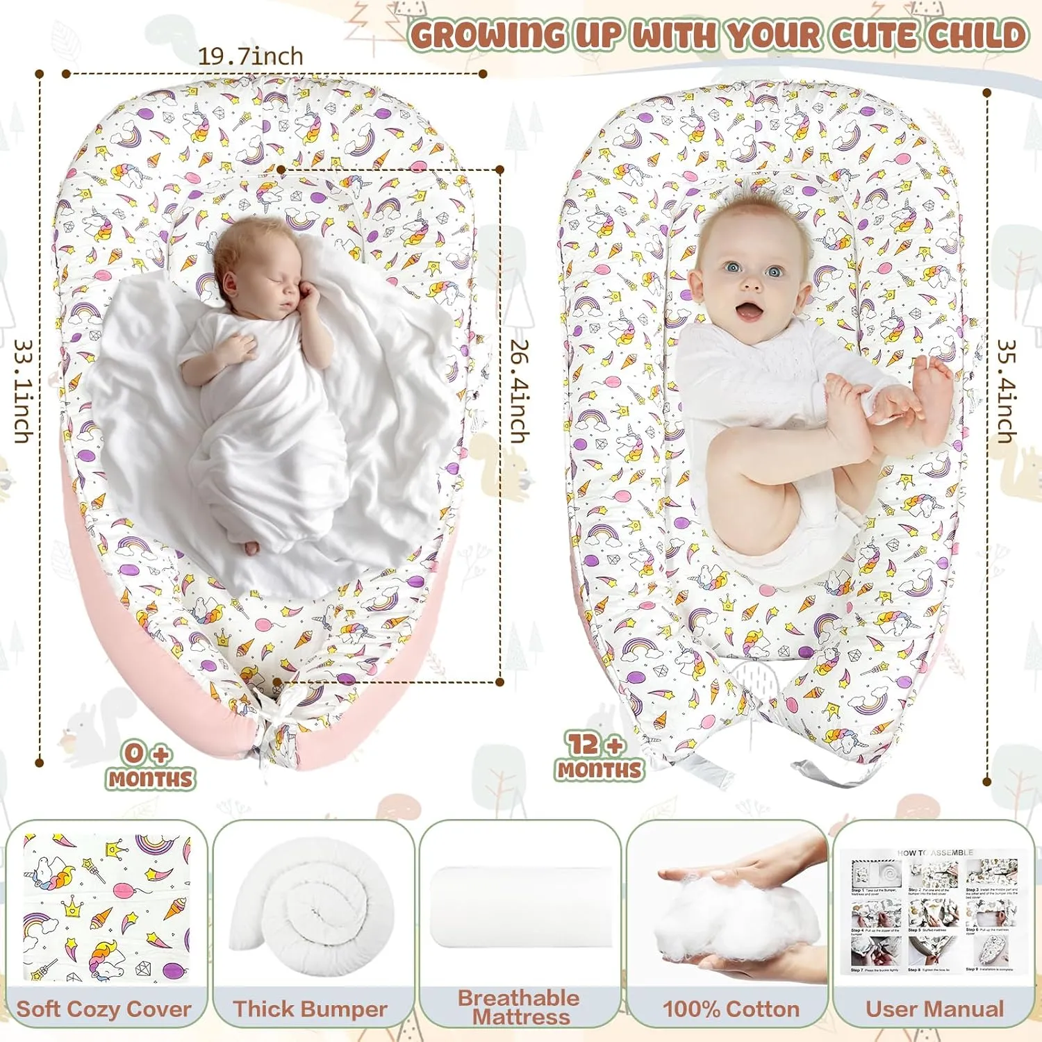 JIFTOK Baby Nests Lounger for Newborn, Snuggle Sleeping Bassinet for 0-24M, Breathable Portable Co Sleeping Bed, Baby Essentials Adjustable Infant Soft Cotton Loungers for Home & Travel -Unicorn