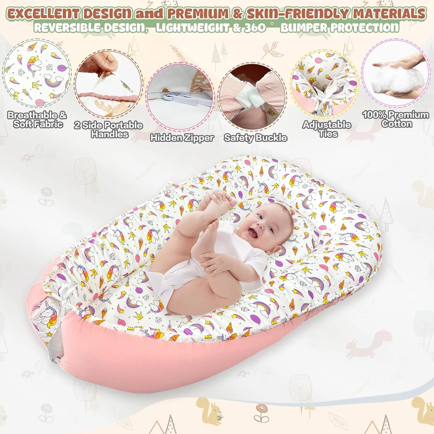 JIFTOK Baby Nests Lounger for Newborn, Snuggle Sleeping Bassinet for 0-24M, Breathable Portable Co Sleeping Bed, Baby Essentials Adjustable Infant Soft Cotton Loungers for Home & Travel -Unicorn