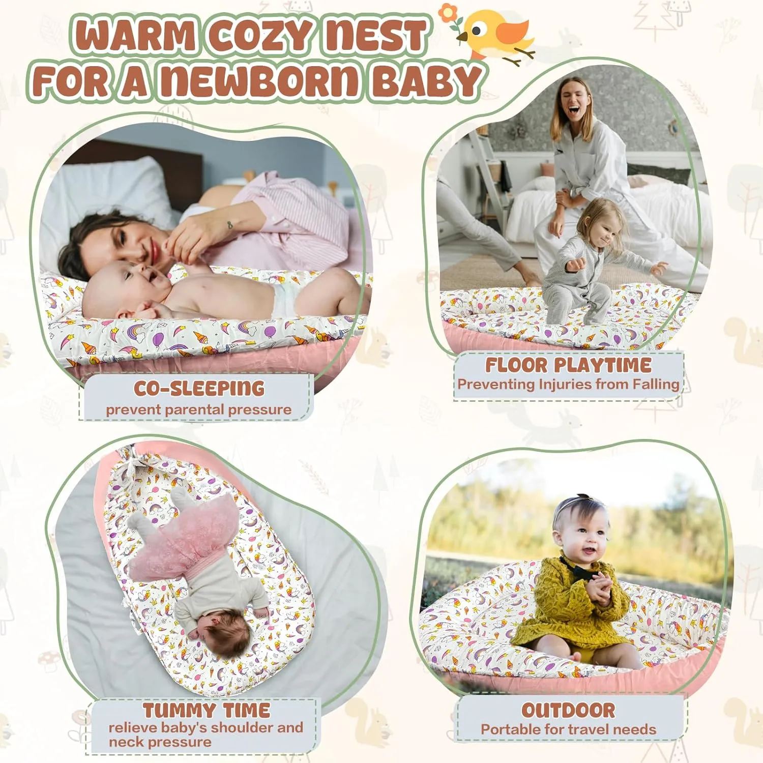 JIFTOK Baby Nests Lounger for Newborn, Snuggle Sleeping Bassinet for 0-24M, Breathable Portable Co Sleeping Bed, Baby Essentials Adjustable Infant Soft Cotton Loungers for Home & Travel -Unicorn