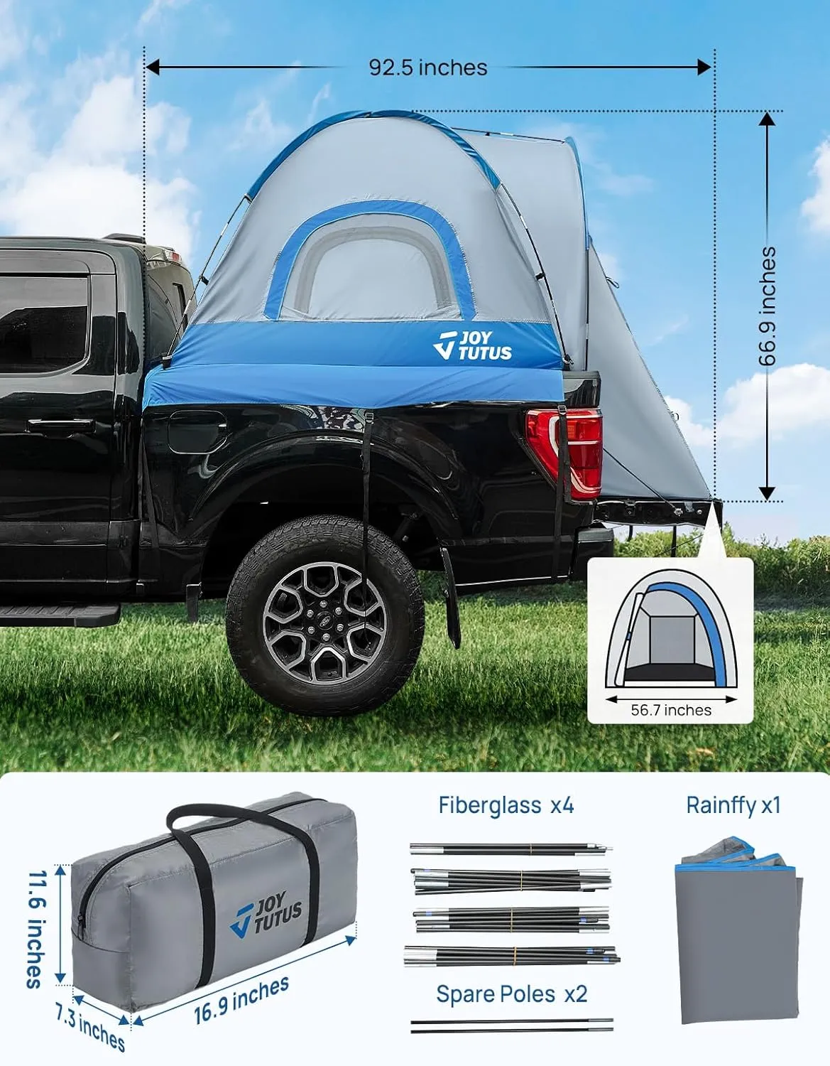 JOYTUTUS Truck Tent, Portable Truck Bed Tent with Rainfly, 5FT - 6.5FT Truck Tent with Waterproof PU2000mm Double Layer for 2 Person - Blue