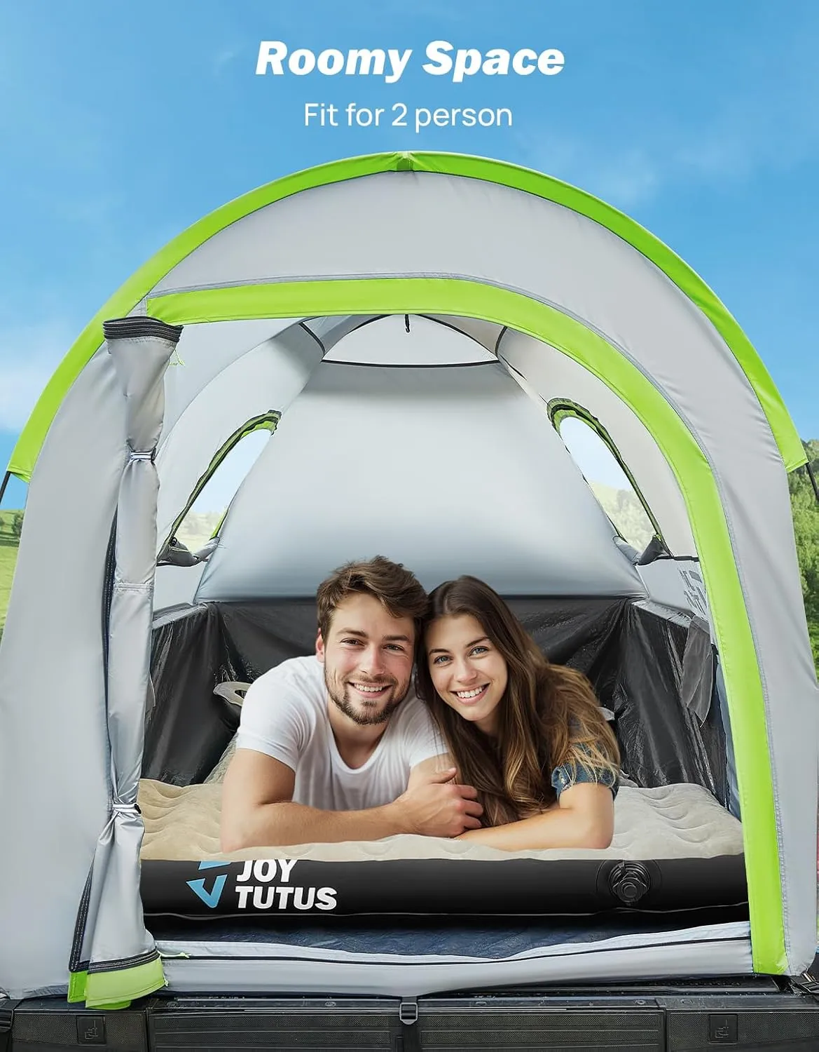 JOYTUTUS Truck Tent with Rainfly 6.5Ft, Straight Spacious Truck Bed Tent with Sky View Mesh, Waterproof PU2000mm Double Layer for 2 Person, Gray Green