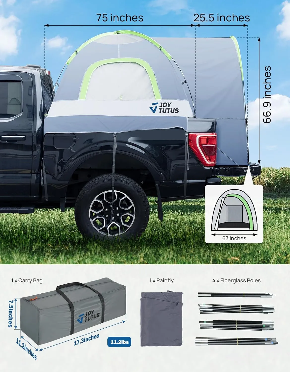 JOYTUTUS Truck Tent with Rainfly 6.5Ft, Straight Spacious Truck Bed Tent with Sky View Mesh, Waterproof PU2000mm Double Layer for 2 Person, Gray Green