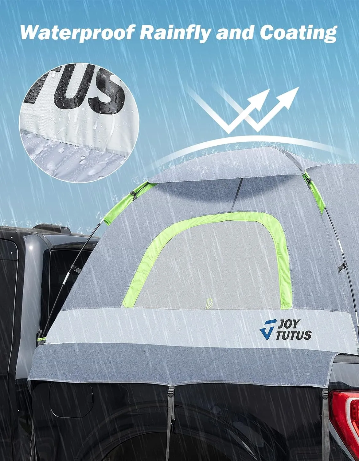 JOYTUTUS Truck Tent with Rainfly 6.5Ft, Straight Spacious Truck Bed Tent with Sky View Mesh, Waterproof PU2000mm Double Layer for 2 Person, Gray Green