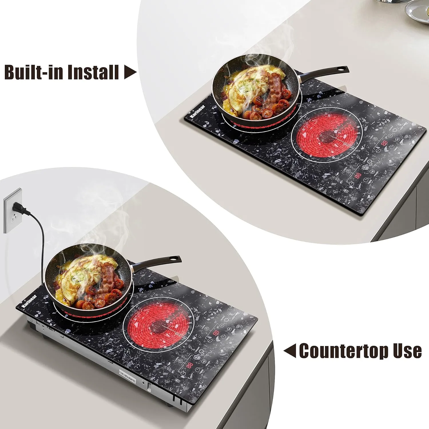 Karinear Portable Electric Cooktop 2 Burners, 110v Plug in Electric Stove Top, Countertop Use or Built-in Install, 12'' Ceramic Cooktop with Beautiful Marble Patterned