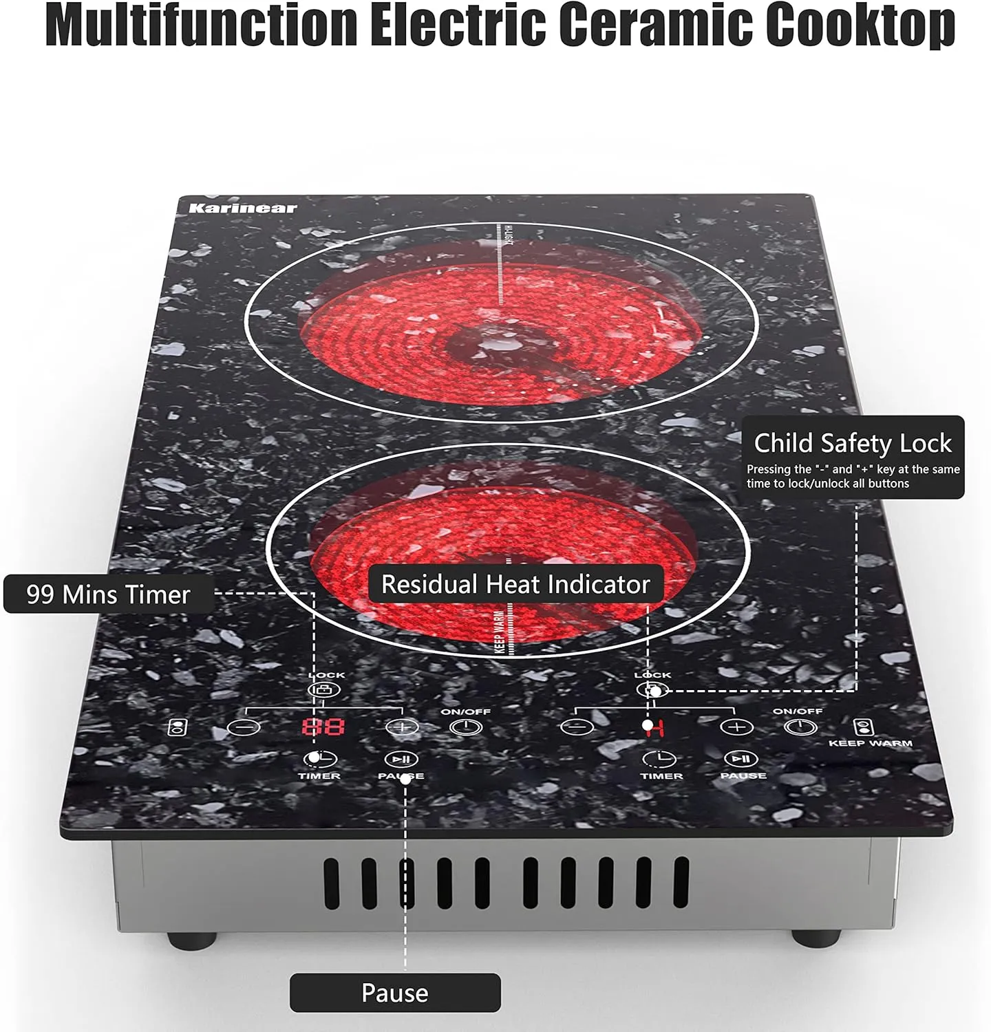Karinear Portable Electric Cooktop 2 Burners, 110v Plug in Electric Stove Top, Countertop Use or Built-in Install, 12'' Ceramic Cooktop with Beautiful Marble Patterned