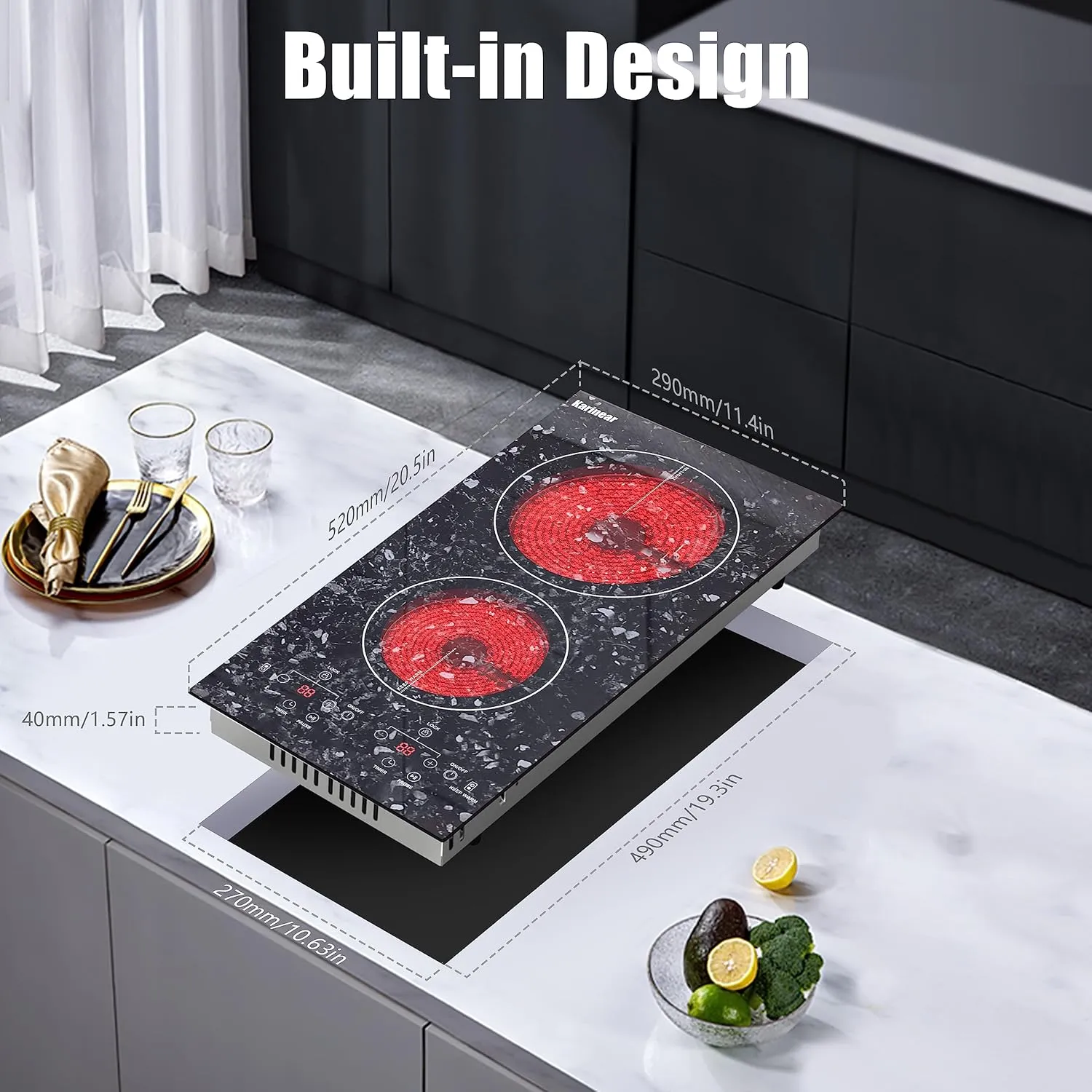 Karinear Portable Electric Cooktop 2 Burners, 110v Plug in Electric Stove Top, Countertop Use or Built-in Install, 12'' Ceramic Cooktop with Beautiful Marble Patterned
