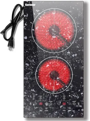 Karinear Portable Electric Cooktop 2 Burners, 110v Plug in Electric Stove Top, Countertop Use or Built-in Install, 12'' Ceramic Cooktop with Beautiful Marble Patterned