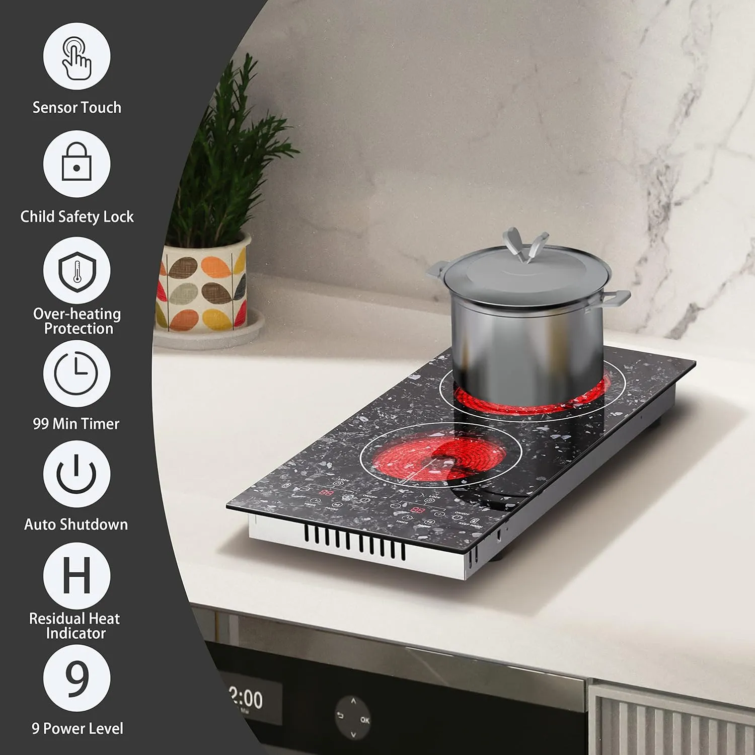 Karinear Portable Electric Cooktop 2 Burners, 110v Plug in Electric Stove Top, Countertop Use or Built-in Install, 12'' Ceramic Cooktop with Beautiful Marble Patterned