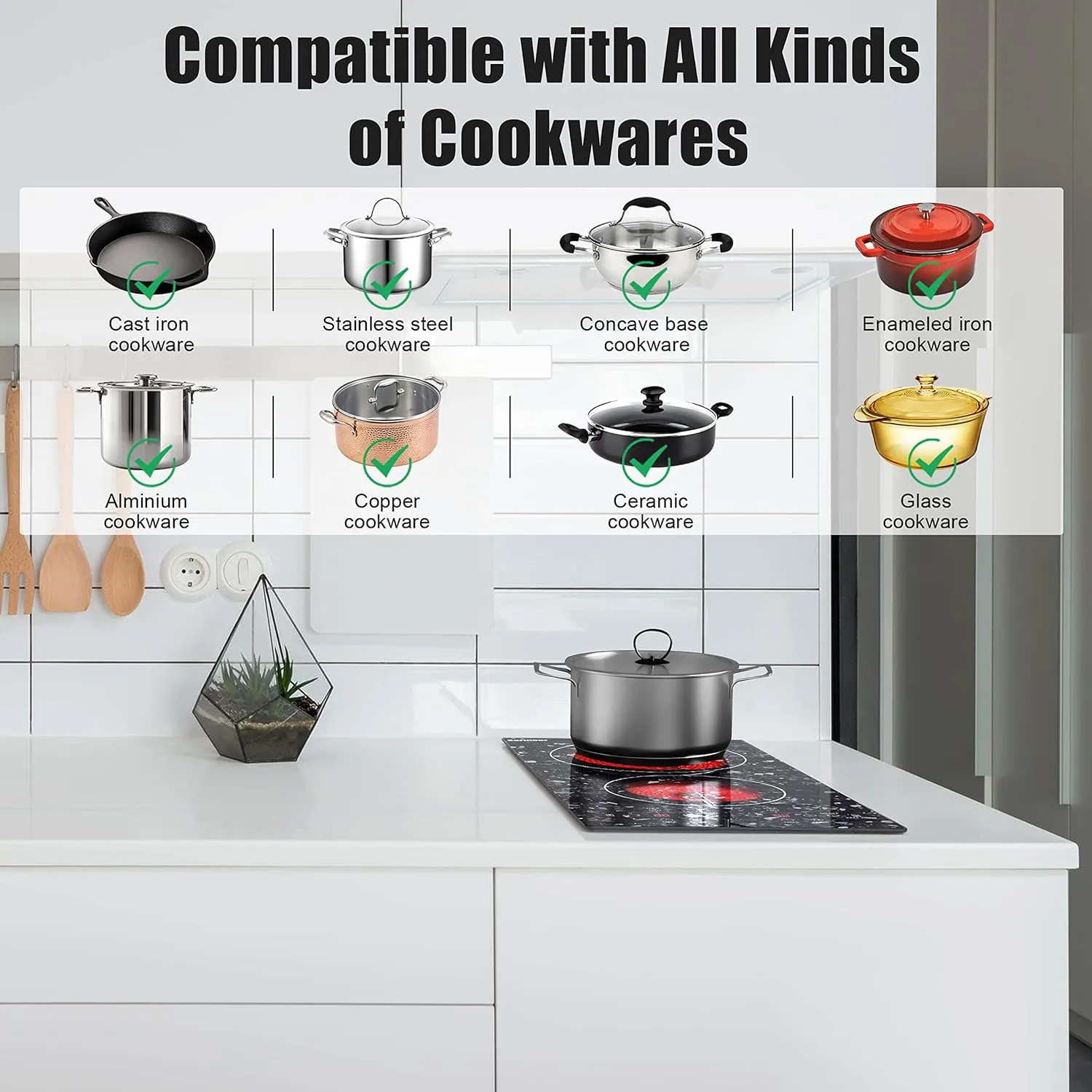 Karinear Portable Electric Cooktop 2 Burners, 110v Plug in Electric Stove Top, Countertop Use or Built-in Install, 12'' Ceramic Cooktop with Beautiful Marble Patterned