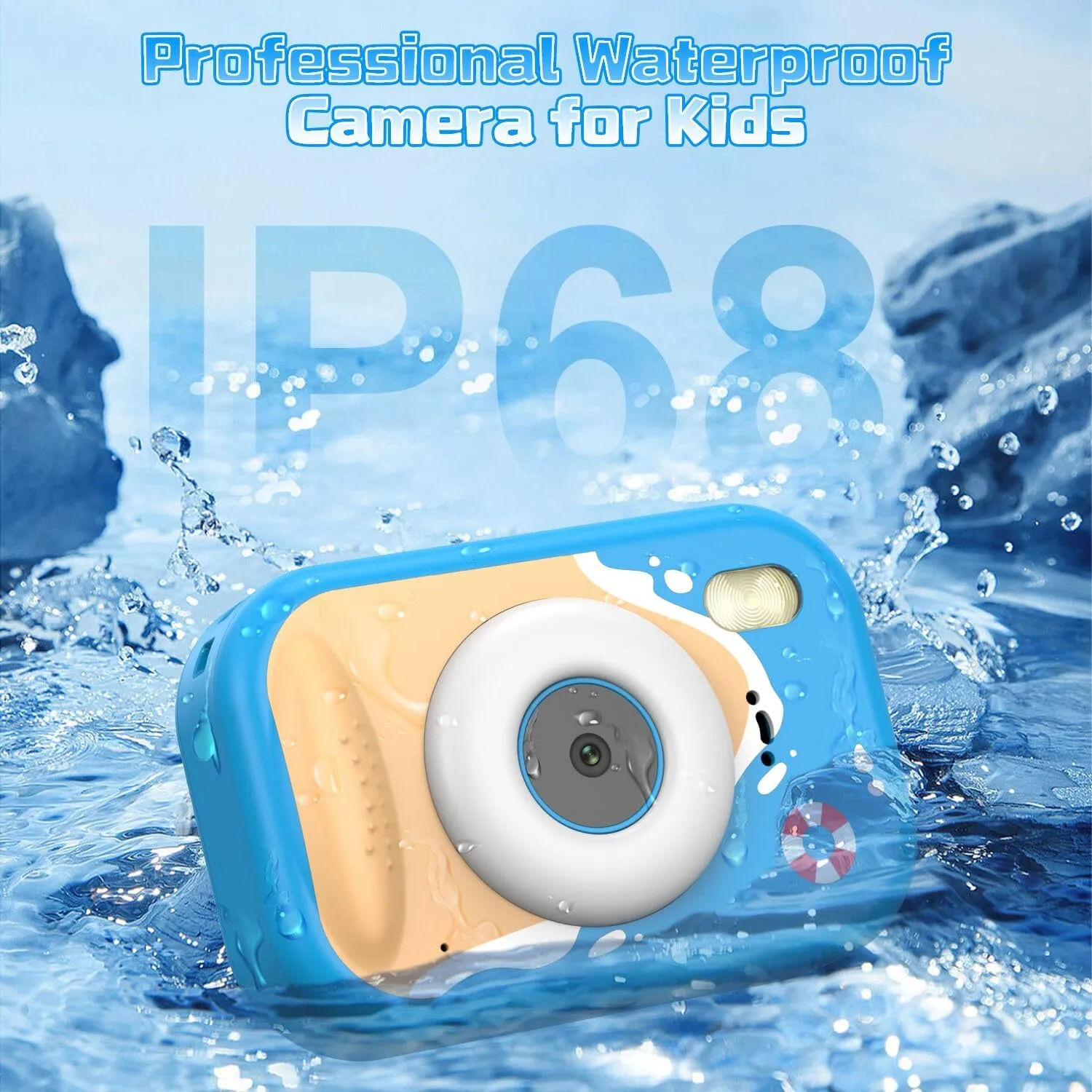 Kids Camera Waterproof, IP68 Underwater Camera for Kids Aged 3-12, HD Kids Digital Camera with 1080P Video Recording, Durable ABS Material, Pool Toys for Boys Girls with 32GB Card(Blue)