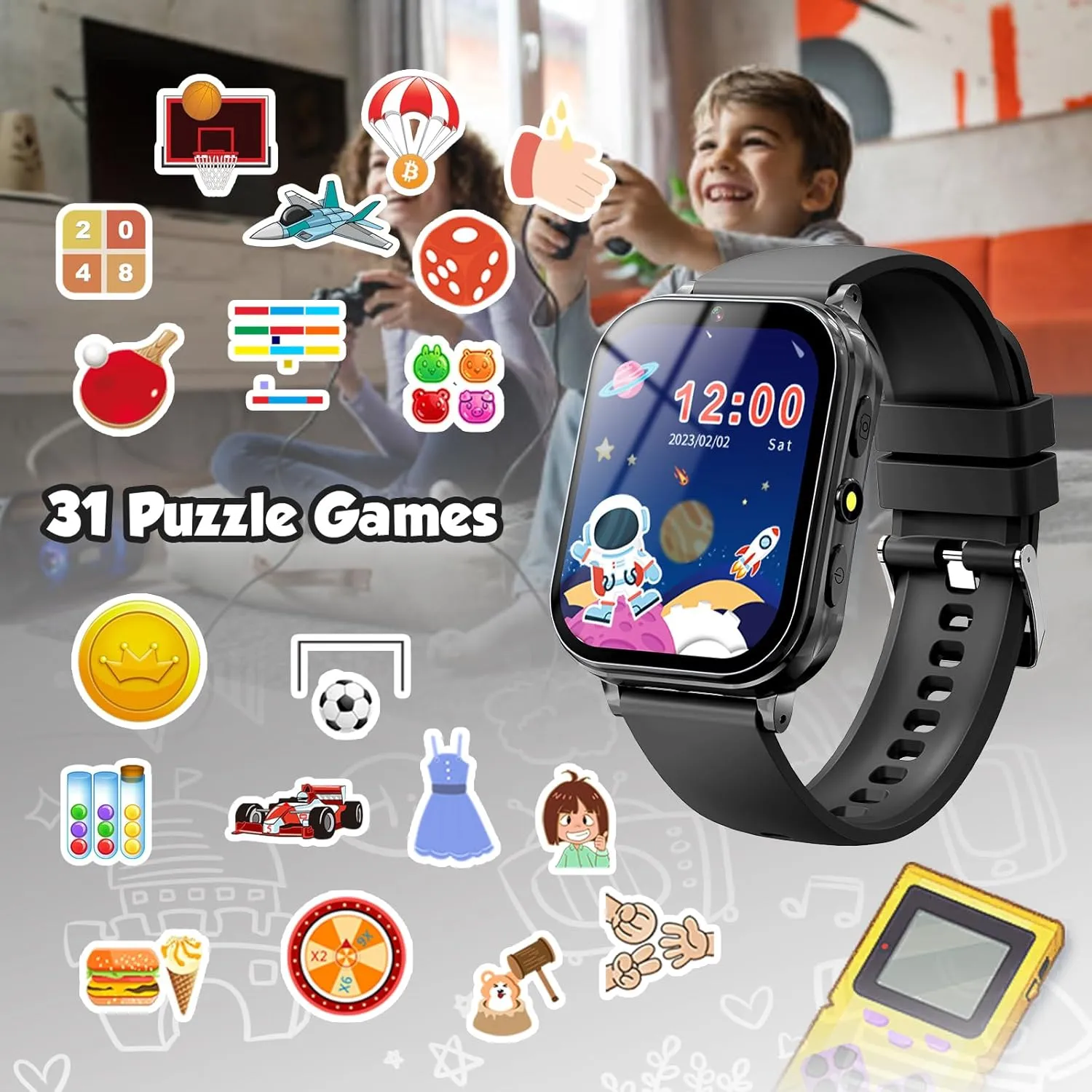 Kids Game Watch Boys Girls with Puzzle Games Music Player Camera HD Touchscreen, Kids Toys Birthday Gifts for Girls Boys Age 6-12 （Black