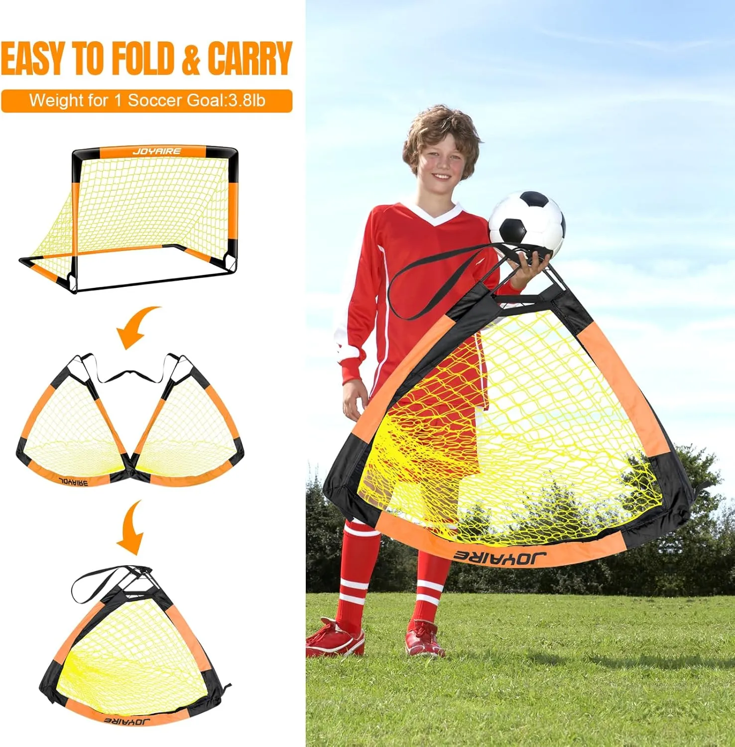 Kids Soccer Goals for Backyard Set, Portable Toddler Soccer Goal 2 of 4x3 ft, 6x4 ft, 7x5 ft, Soccer Training Equipment, Pop Up Soccer Net Kit with Size 4 Soccer Ball, Youth Games, Outdoor Sports Play