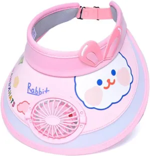 Kids Sun Visor Hat with Fan Adjustable 3 Wind Speed UPF 50  Large Brim Open Top Sunhat Cartoon Outdoor Beach Cap