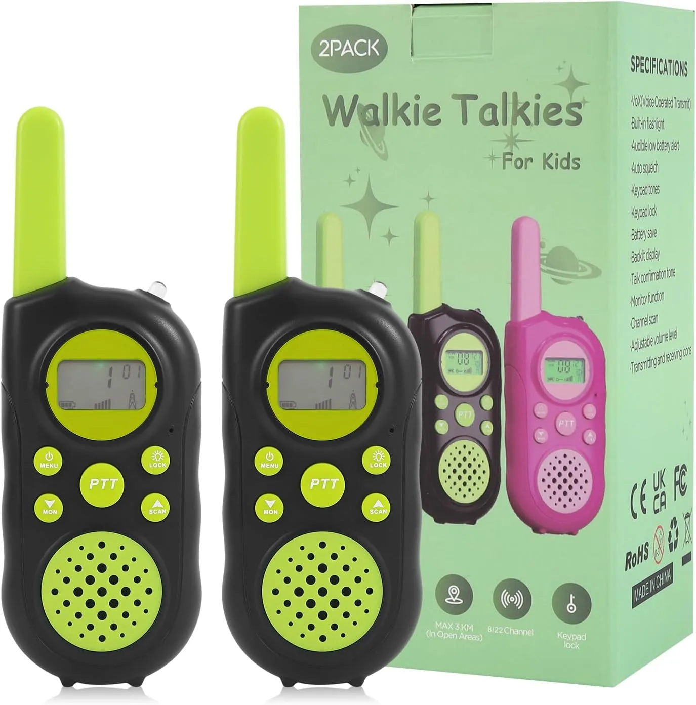 Kids walkie talkies 2 pcs, Easter Basket Stuffers, Outdoor Toys for Kids, Long Range walkie Talkie with Clear intercom Sound, 22 Channels with Backlit LCD Flashlight, for Outside, Camping, Hiking