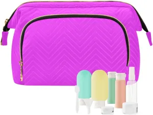 Kigai Plain Bright Neon Pink Solid Color Makeup Bag Cosmetic Bag for Women, Travel Toiletry Accessories Portable Storage Makeup Organizer with Zipper Closure