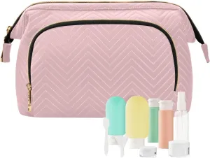Kigai Plain Bright Pink Solid Color Makeup Bag Cosmetic Bag for Women, Travel Toiletry Accessories Portable Storage Makeup Organizer with Zipper Closure