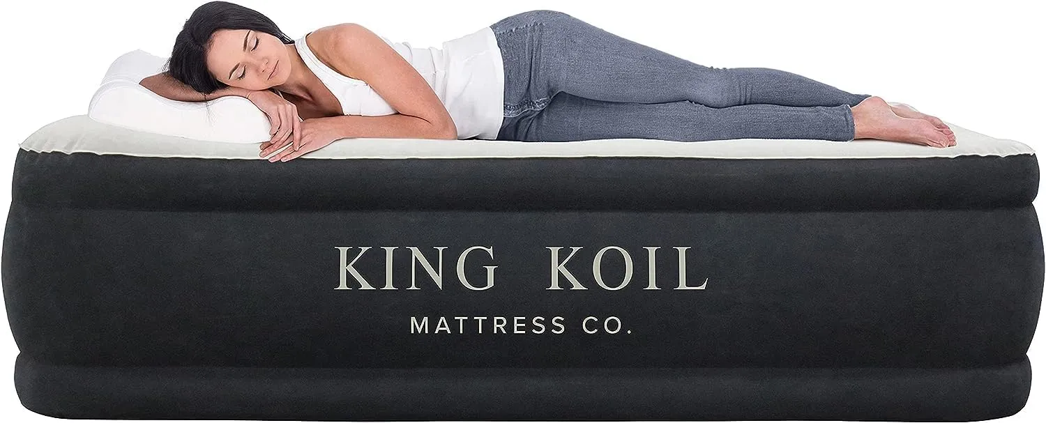 King Koil Plush Pillow Top Luxury Twin Air Mattress with Built-in High-Speed Pump for Camping, Home & Guests - 16" Airbed Inflatable Blow Up Mattress, Waterproof, 1-Year Manufacturer Warranty.