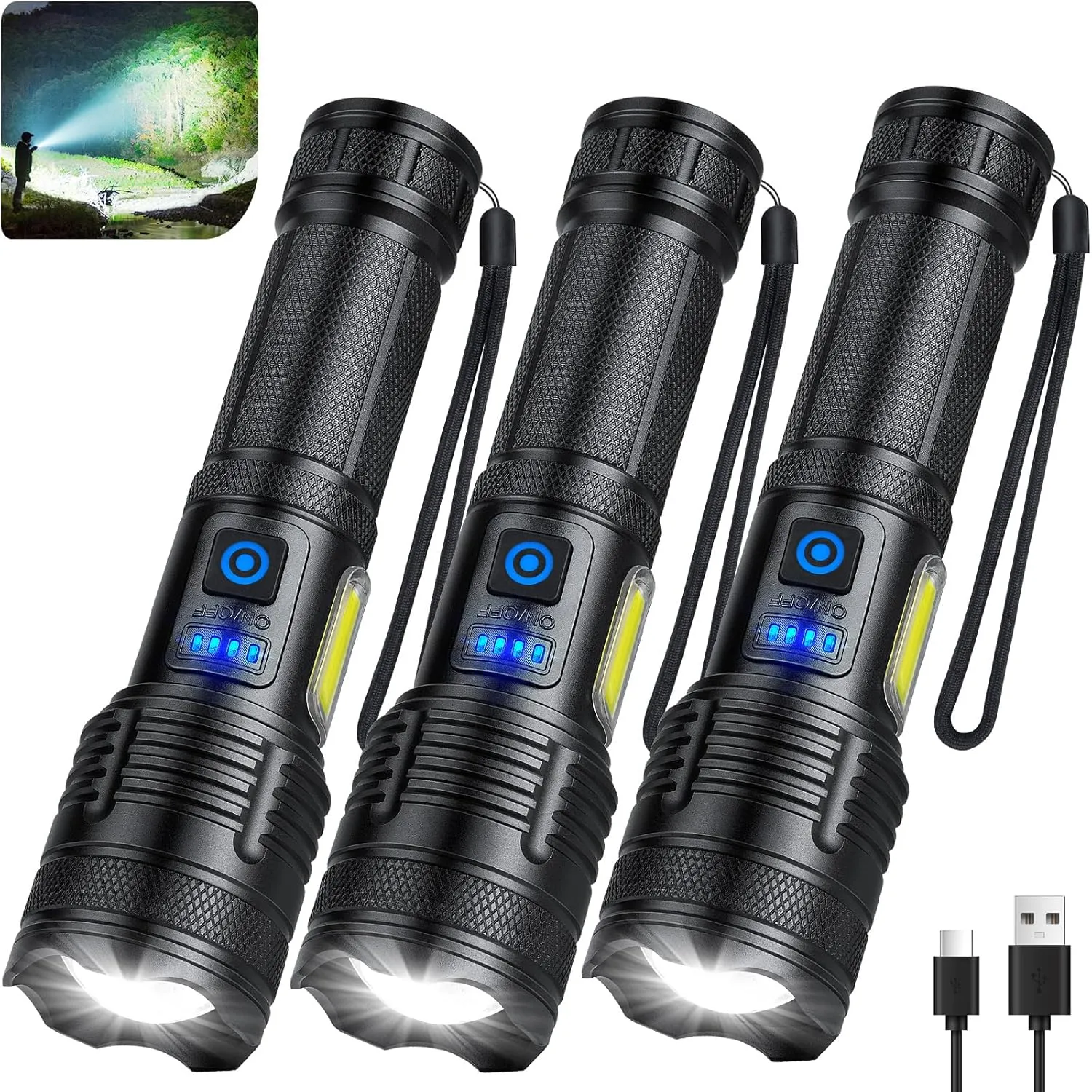 KINGCAESAR 3 Pack Rechargeable Flashlights 3000 High Lumen, Ultra Bright LED Flash Light for Home, High Powered Flashlights with 7 Light Modes, IPX7 Waterproof for Camping
