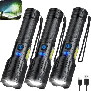 KINGCAESAR 3 Pack Rechargeable Flashlights 3000 High Lumen, Ultra Bright LED Flash Light for Home, High Powered Flashlights with 7 Light Modes, IPX7 Waterproof for Camping