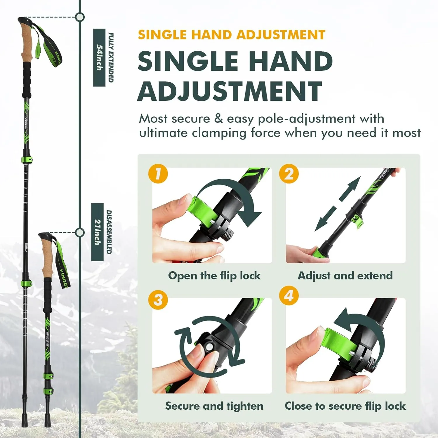 KINGGEAR TPC 100% Carbon Fiber Hiking Poles, Telescopic Retractable Nordic Trekking Poles, Ultra Lightweight Nordic Walking Stick, Metal Flip Locks, Cork and Extended EVA Handle