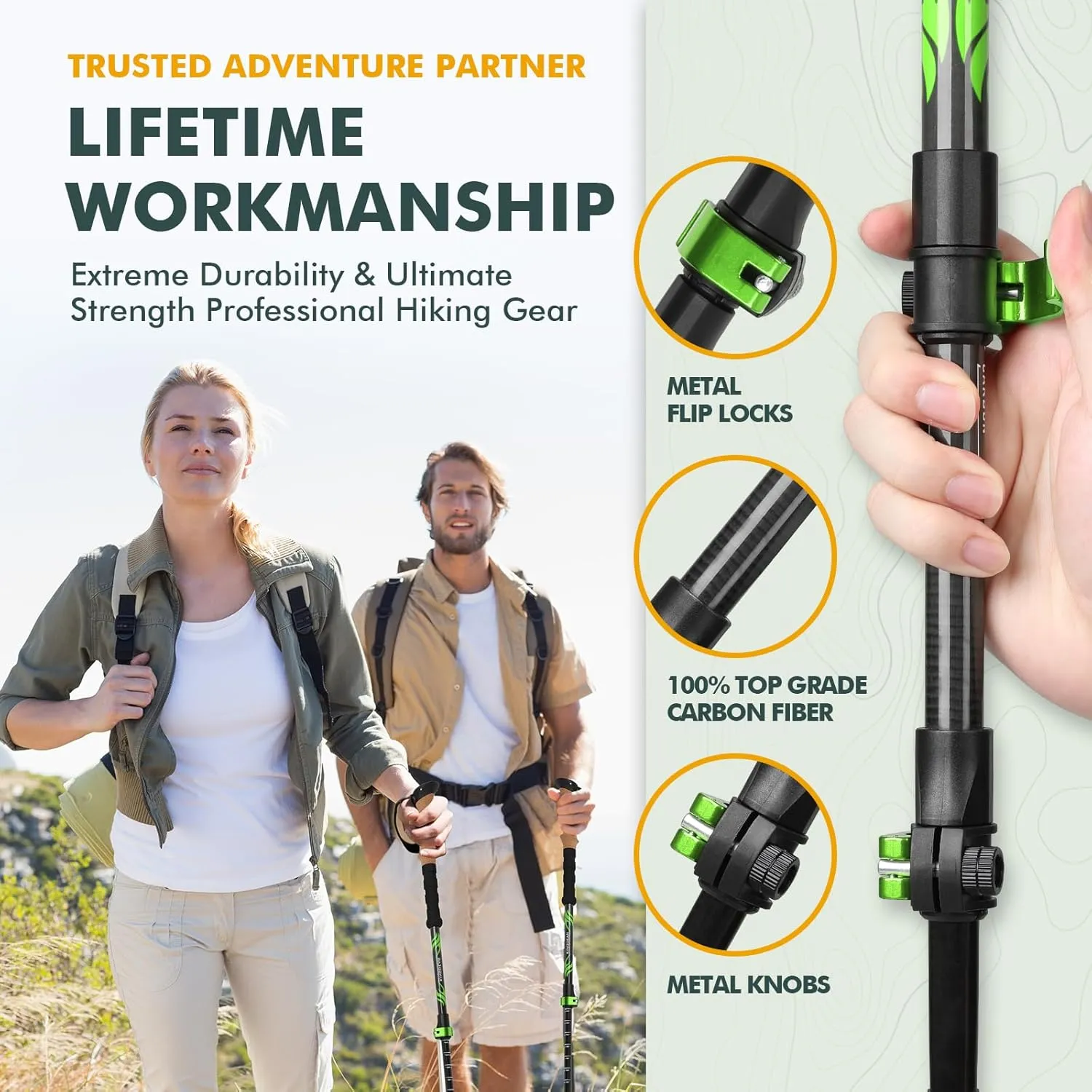 KINGGEAR TPC 100% Carbon Fiber Hiking Poles, Telescopic Retractable Nordic Trekking Poles, Ultra Lightweight Nordic Walking Stick, Metal Flip Locks, Cork and Extended EVA Handle