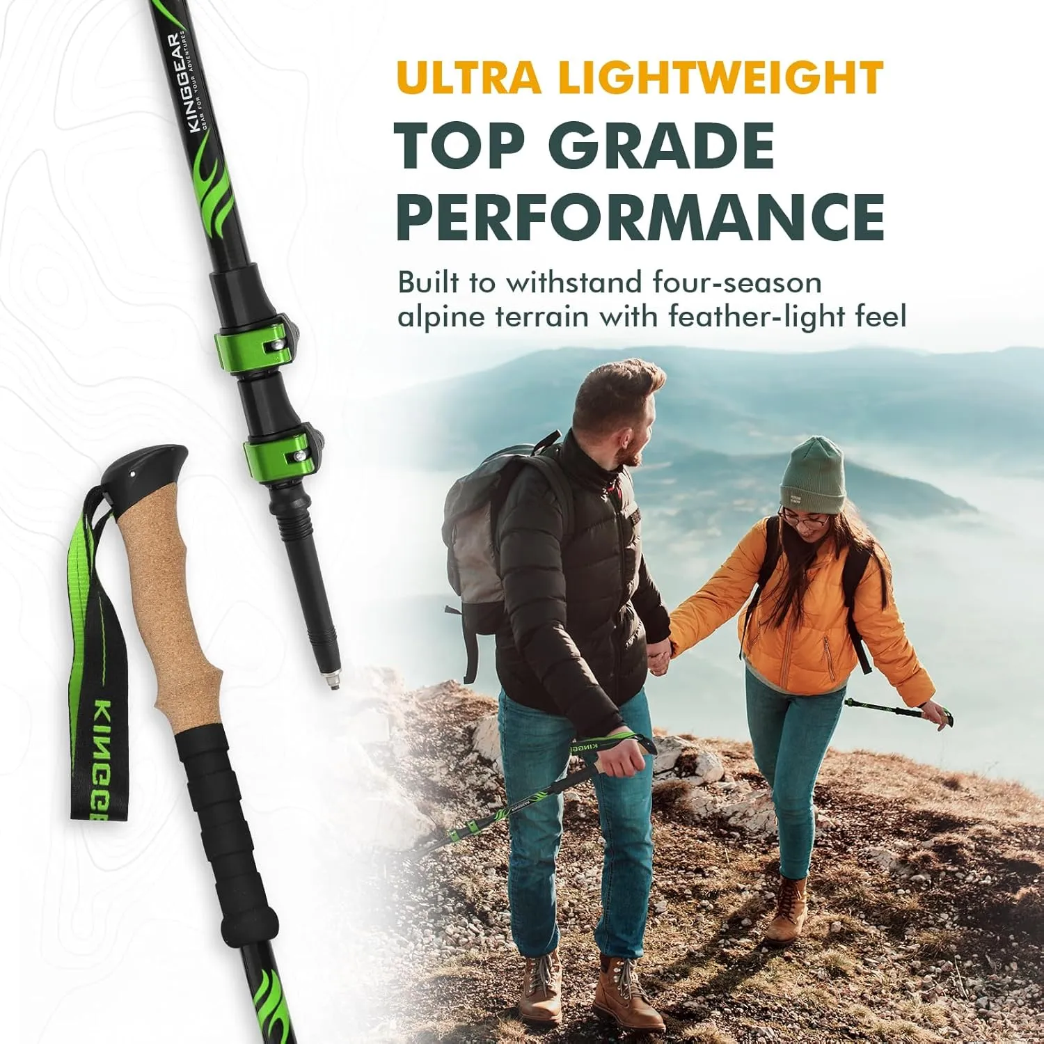 KINGGEAR TPC 100% Carbon Fiber Hiking Poles, Telescopic Retractable Nordic Trekking Poles, Ultra Lightweight Nordic Walking Stick, Metal Flip Locks, Cork and Extended EVA Handle