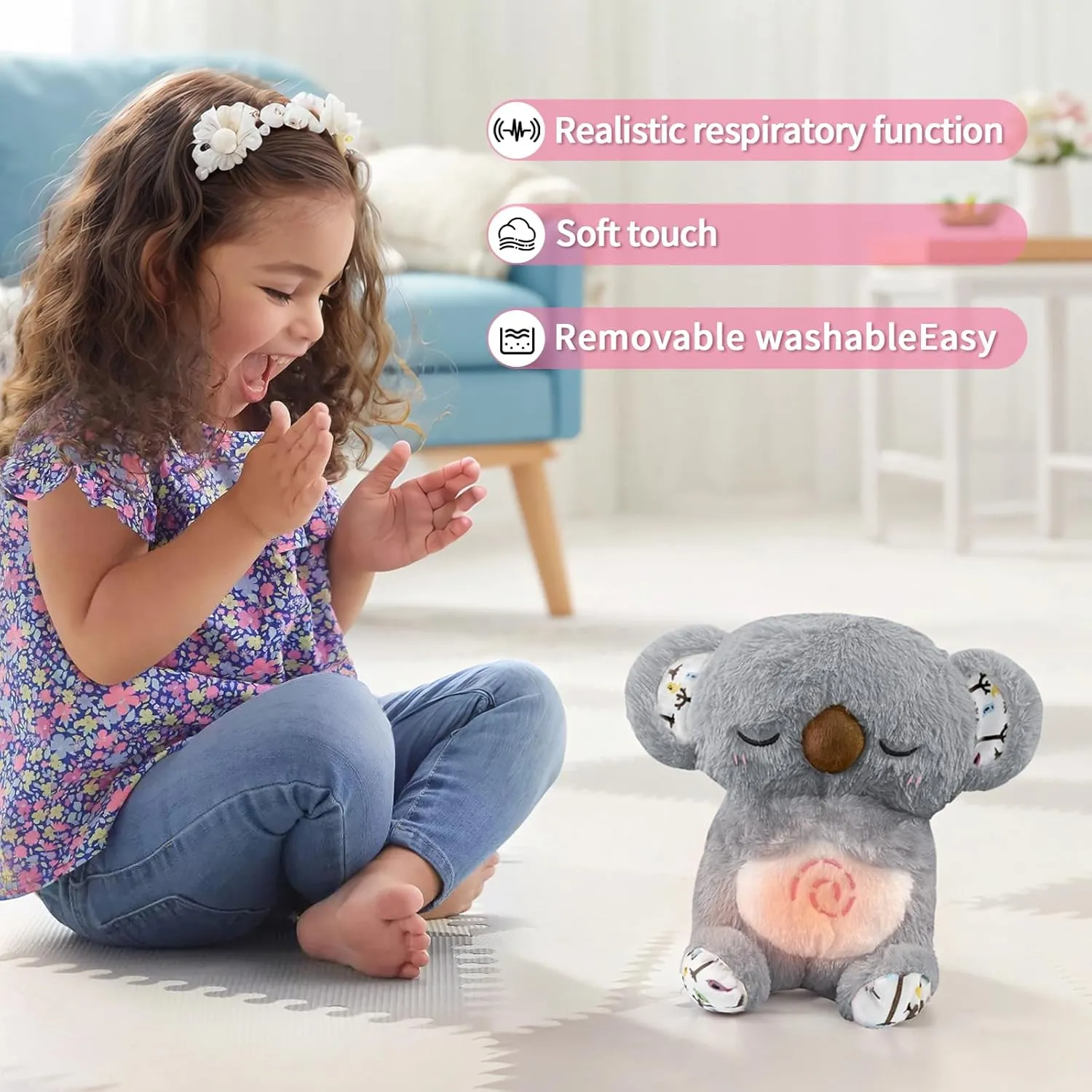 Koala Breathing Stuffed Animal, Anxiety Relief Koala Sleeping Plush with Realistic Breathing Motion and Soothing Music Lights Portable Plushies Birthday Gifts for Adults and Kids