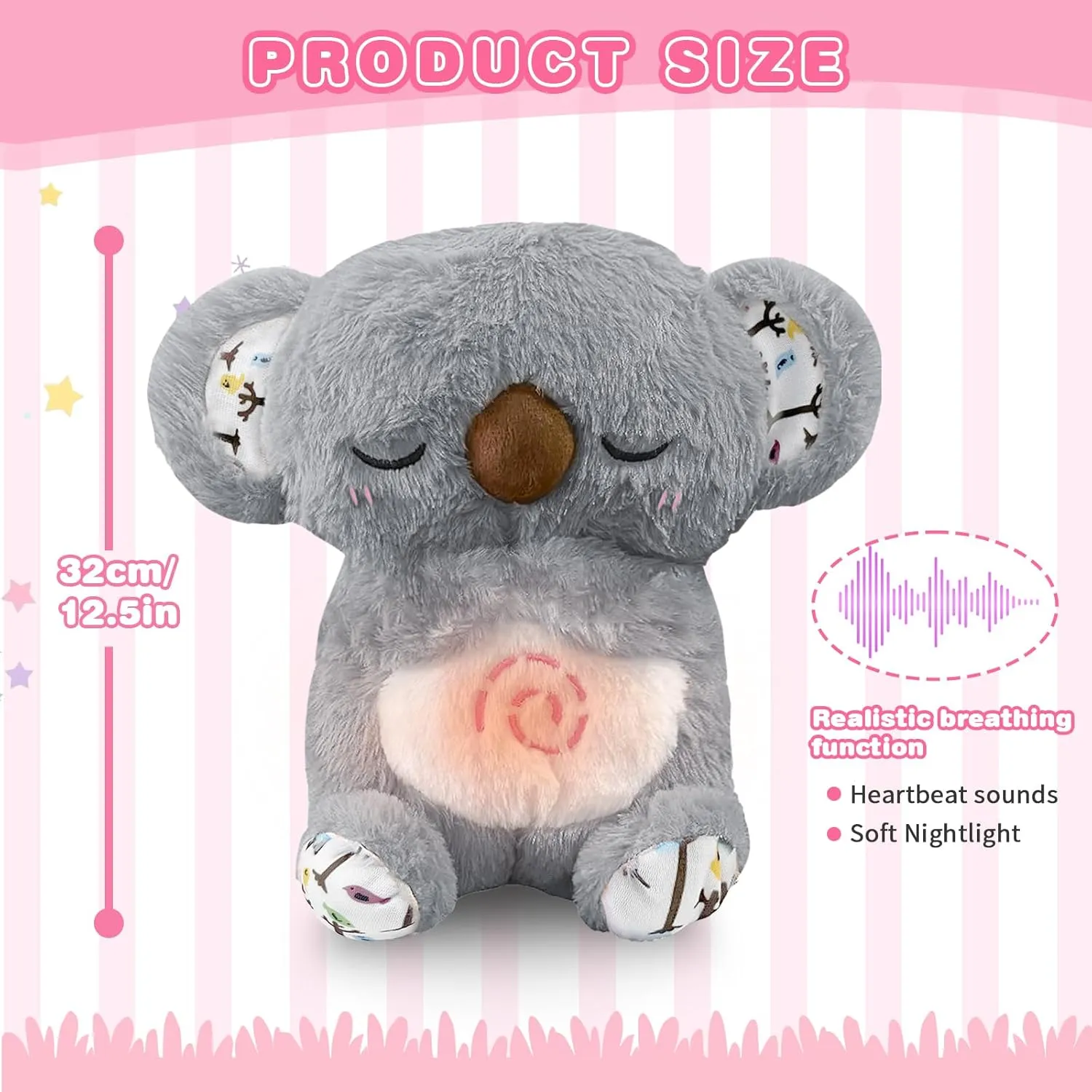 Koala Breathing Stuffed Animal, Anxiety Relief Koala Sleeping Plush with Realistic Breathing Motion and Soothing Music Lights Portable Plushies Birthday Gifts for Adults and Kids