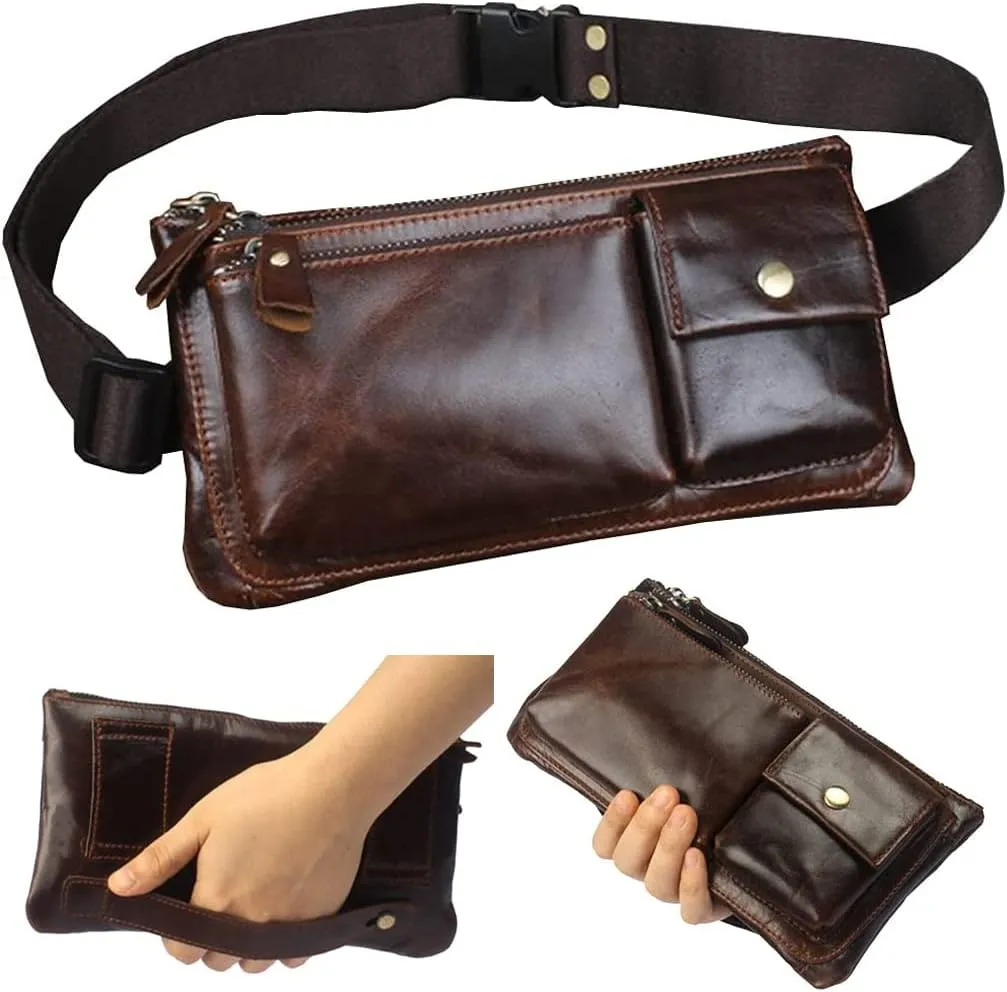 KPYWZER Vintage Leather Waist Bag Fanny Pack for Men Women Hip Bum Bag Belt Slim Cell Phone Purse Wallet Retro Crossbody Sling Pouch Brown
