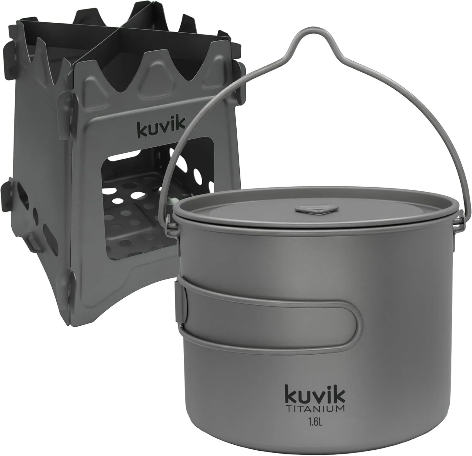 Kuvik Titanium Wood Stove & 1600ml (54 oz) Titanium Pot with Bail Handle Bundle