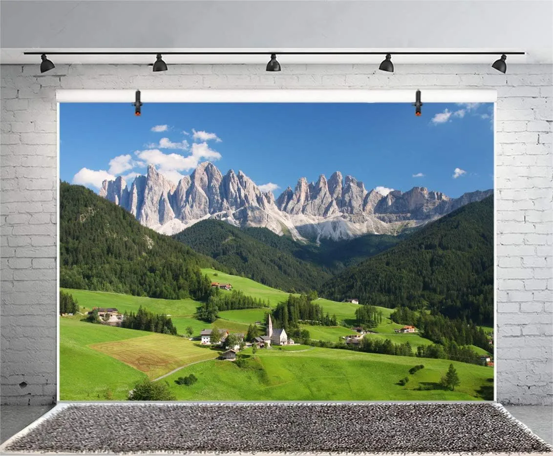 Laeacco European Alps Backdrop 7x5ft Photography Background Dolomites Swiss Mountains Green Forest Blue Sky Scenic Spot Outdoor Photo Background Studio Props Photo Studio