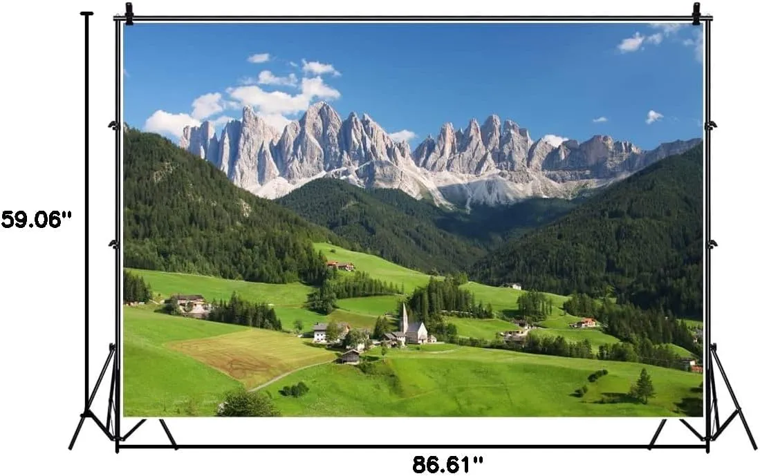 Laeacco European Alps Backdrop 7x5ft Photography Background Dolomites Swiss Mountains Green Forest Blue Sky Scenic Spot Outdoor Photo Background Studio Props Photo Studio