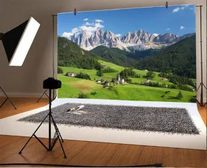 Laeacco European Alps Backdrop 7x5ft Photography Background Dolomites Swiss Mountains Green Forest Blue Sky Scenic Spot Outdoor Photo Background Studio Props Photo Studio